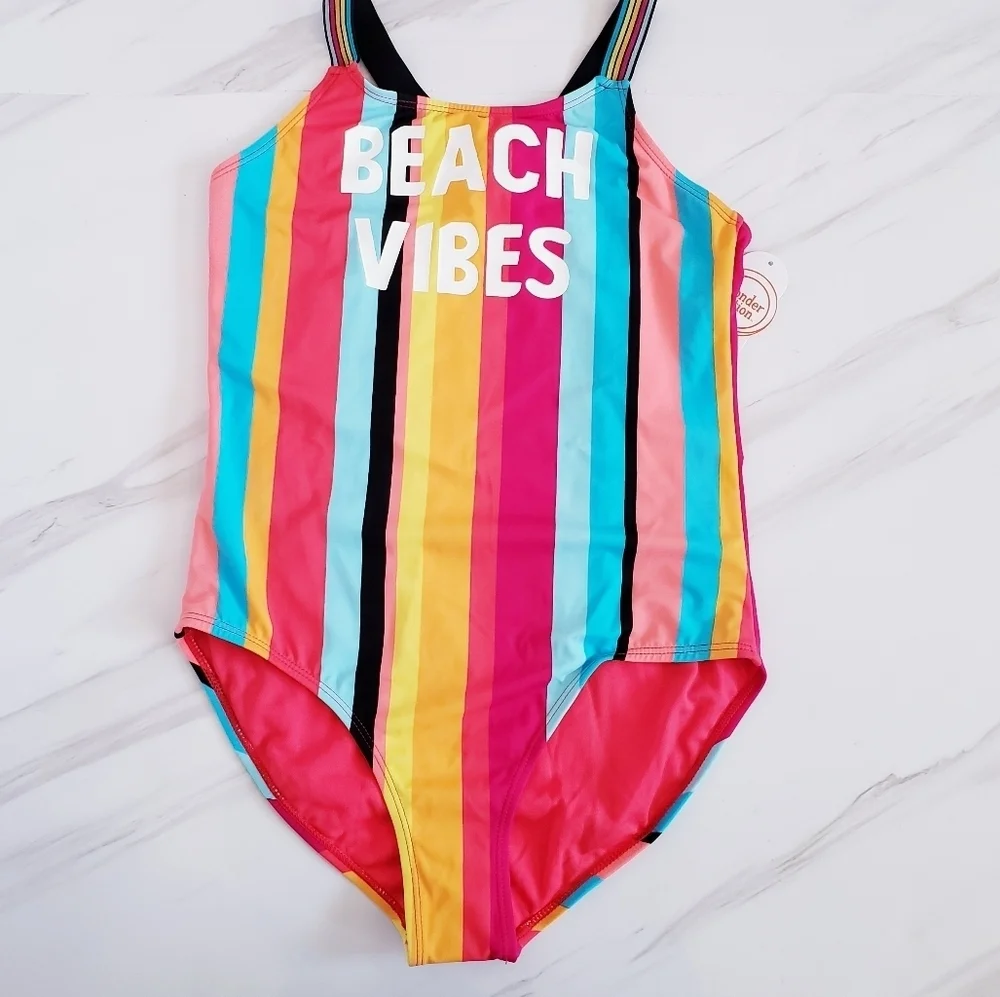 Wonder Nation Kids One Piece Bathing-Suit Striped Multicolored Rainbow Swimsuit